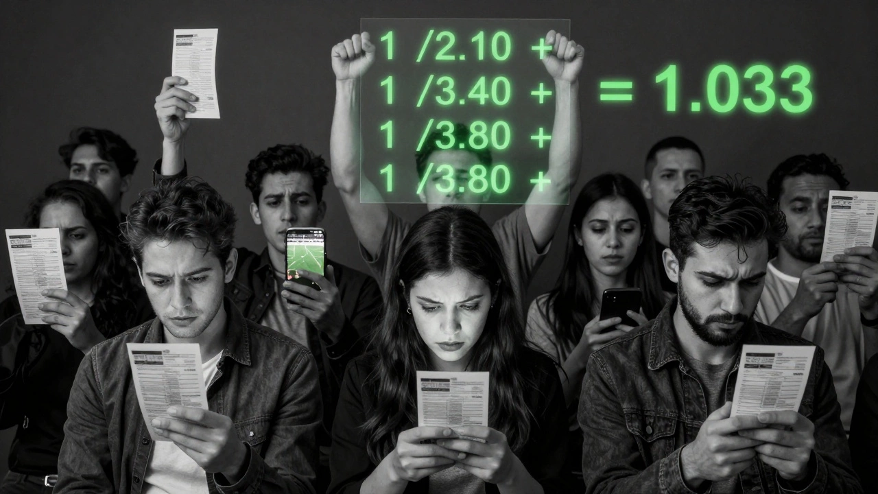 Люди с Betting-чеками, над ними парят математические формулы маржи.