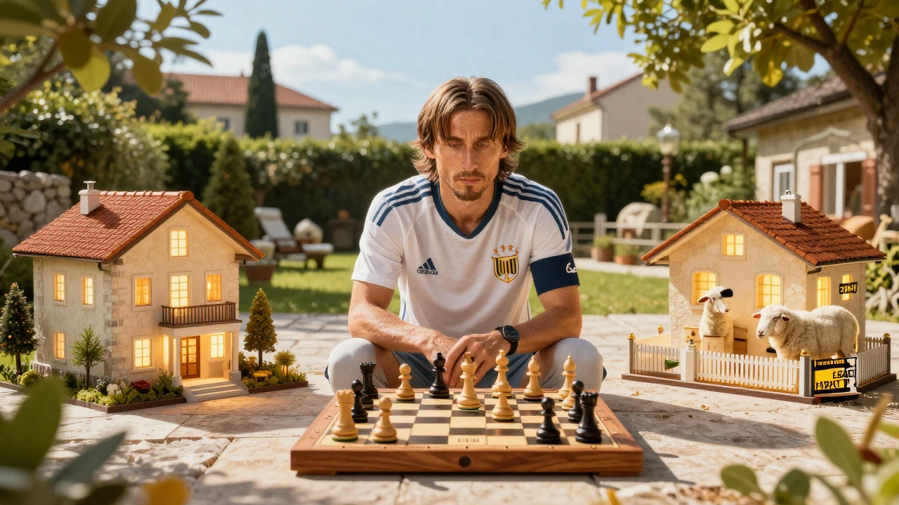 Лука Модрич в уютном хорватском дворе, вокруг него — его недвижимость и ферма, символизирующие умное управление активами.
