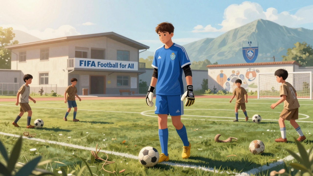 Молодой вратарь 17 лет впервые выходит на новую тренировочную площадку, вокруг — дети с самодельными мячами и новым центром на фоне.