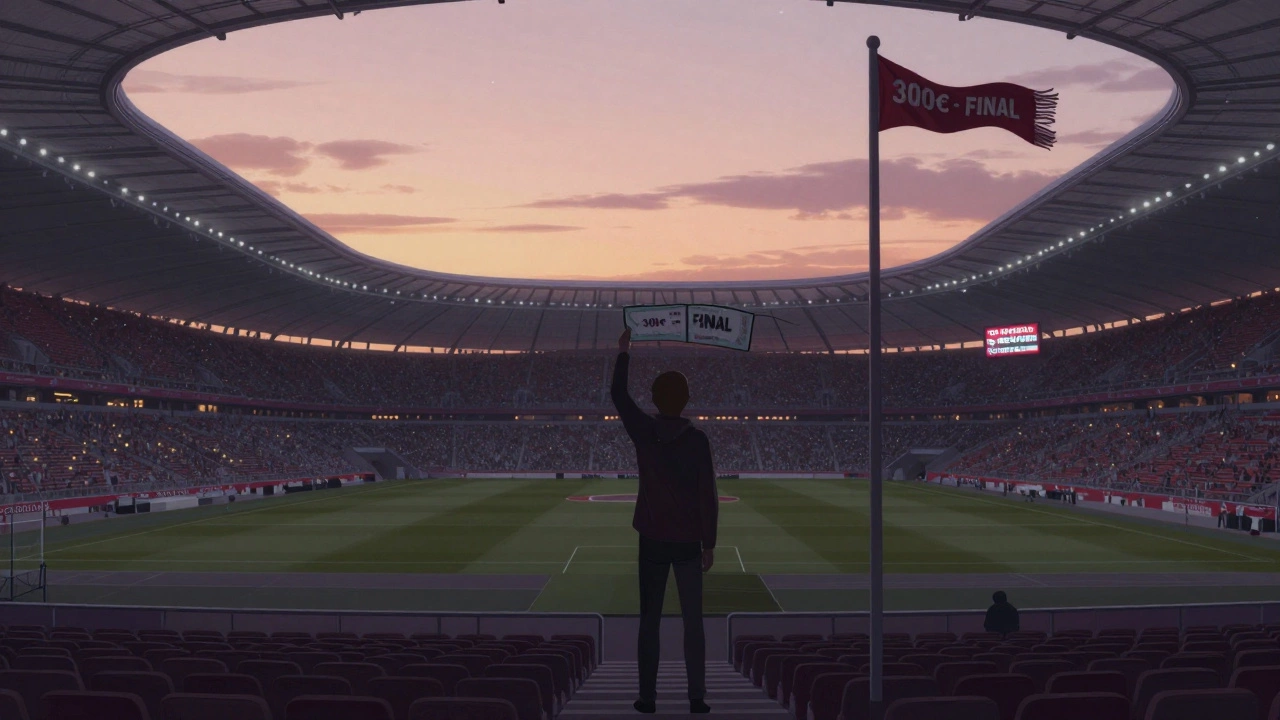 Одинокий фанат на пустом стадионе утром, держит билет на финал, вдалеке — стадион Мюнхена и цифровой счетчик до возврата билетов.