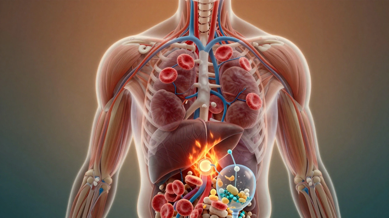 Прозрачное изображение человеческого тела, показывающее, как нутриенты улучшают доставку кислорода и энергетический обмен в мышцах.