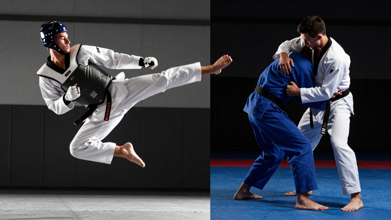 Разделенный кадр с ударами ногами слева и борьбой на ковре справа.