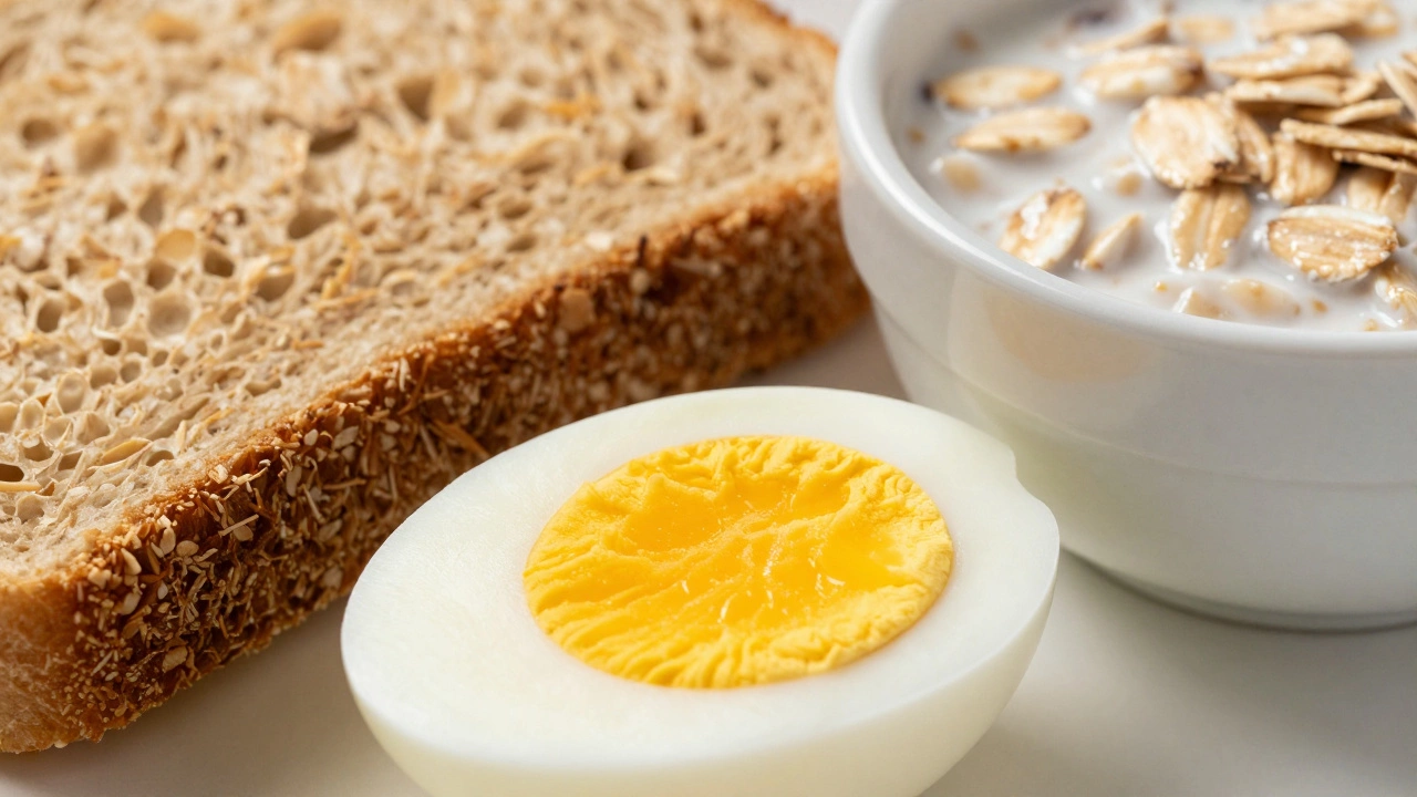 Разрезанное вареное яйцо рядом с цельнозерновым хлебом