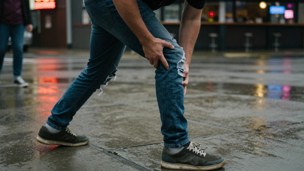 Рука атакует боковую часть колена противника, тот теряет равновесие, видны рваные джинсы и мокрая дорога.