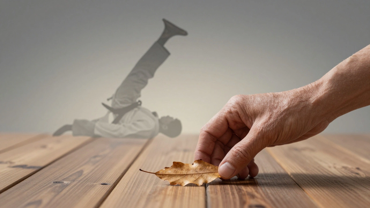 Рука кладет лист на пол, на фоне силуэта человека, встающего после падения — символ устойчивости.