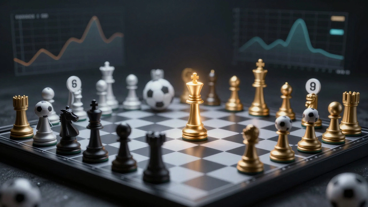 Шахматная доска с футбольными мячами как фигурами, один из них светится как выгодная ставка на фоне вероятностных линий.