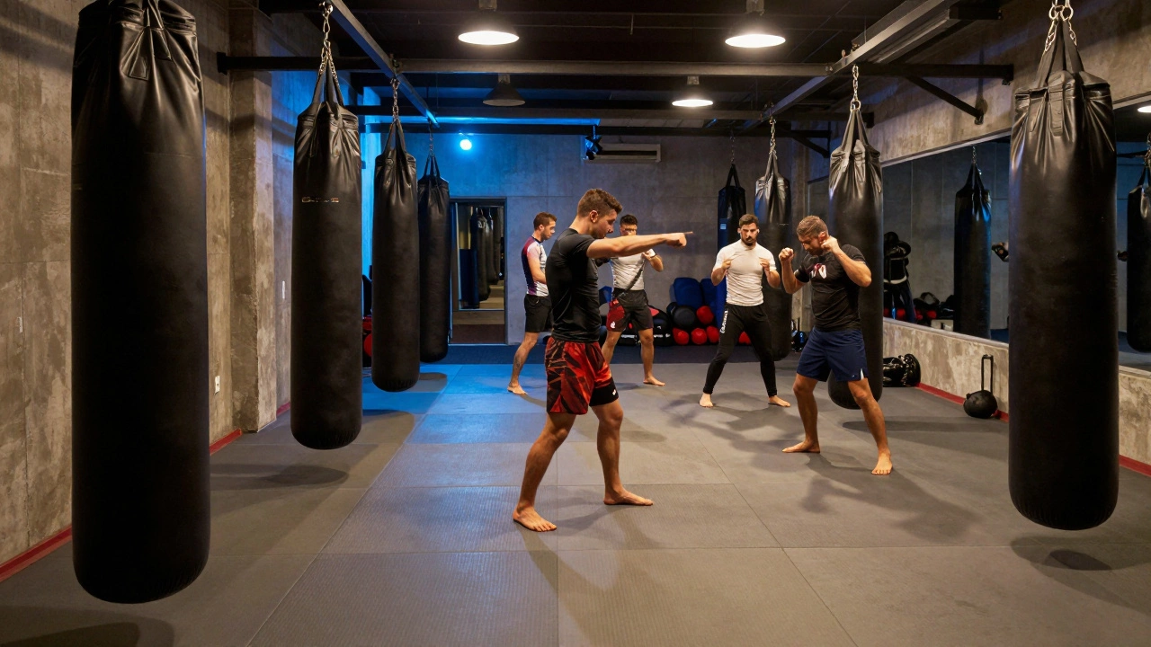 Современные бойцы тренируются в зале смешанных единоборств под руководством тренера.