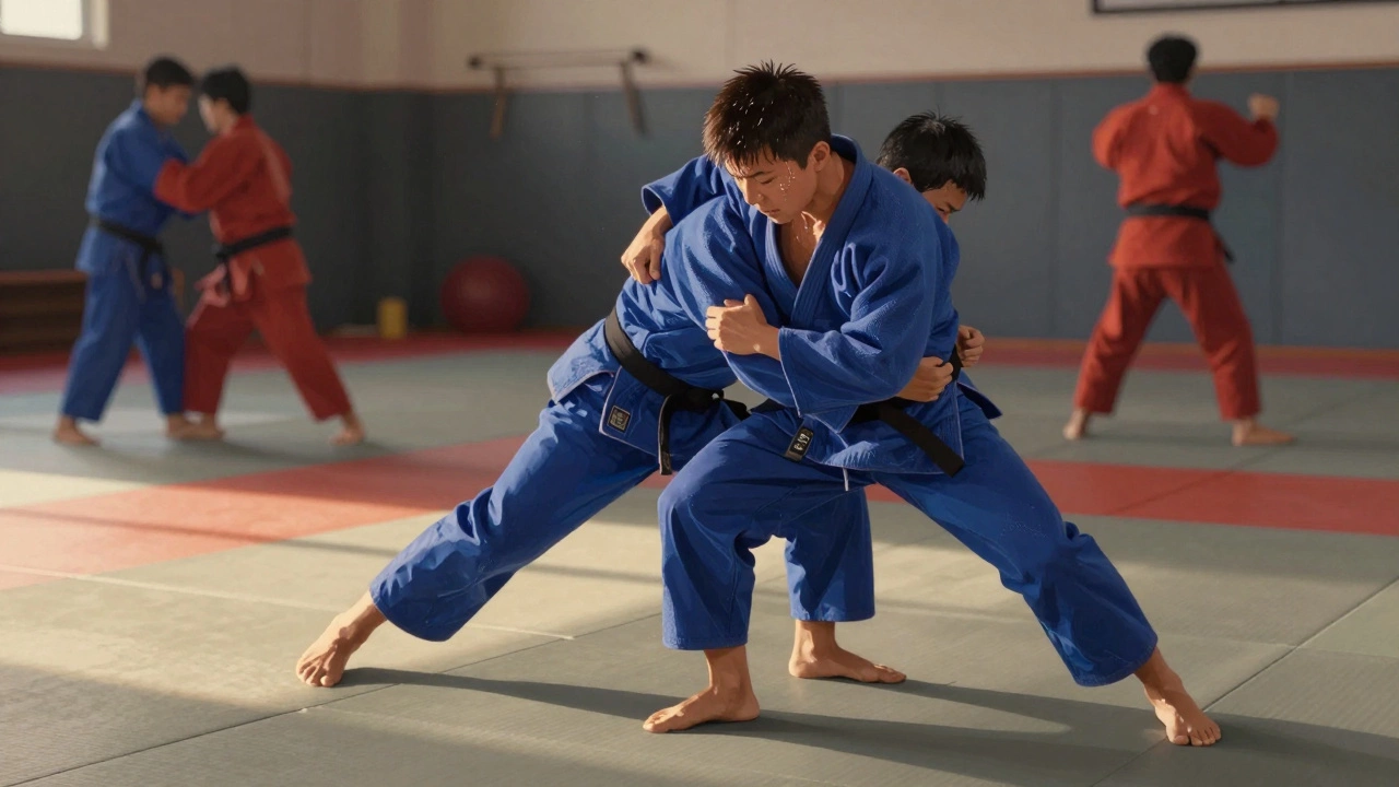 Спортсмен выполняет бросок в дзюдо, партнёр сопротивляется, вокруг — другие тренирующиеся.