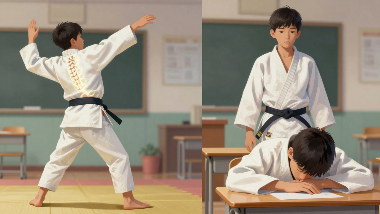 Сравнение: мальчик в дзюдо с идеальной осанкой и мальчик, сутулящийся за партой.