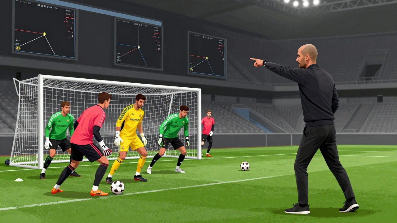 Тренировка вратарей Manchester City с акцентом на передачи под давлением.