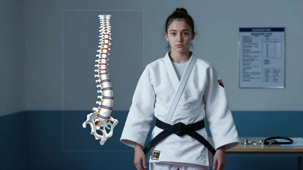 Юная дзюдоистка с выровненной осанкой, за ней — прозрачное изображение прямого позвоночника.
