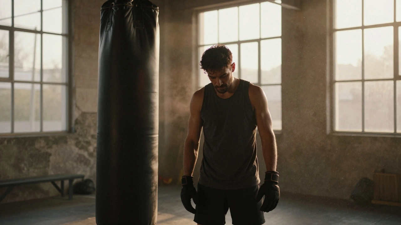 Уставший спортсмен стоит у бьющего мешка в зале после тренировки
