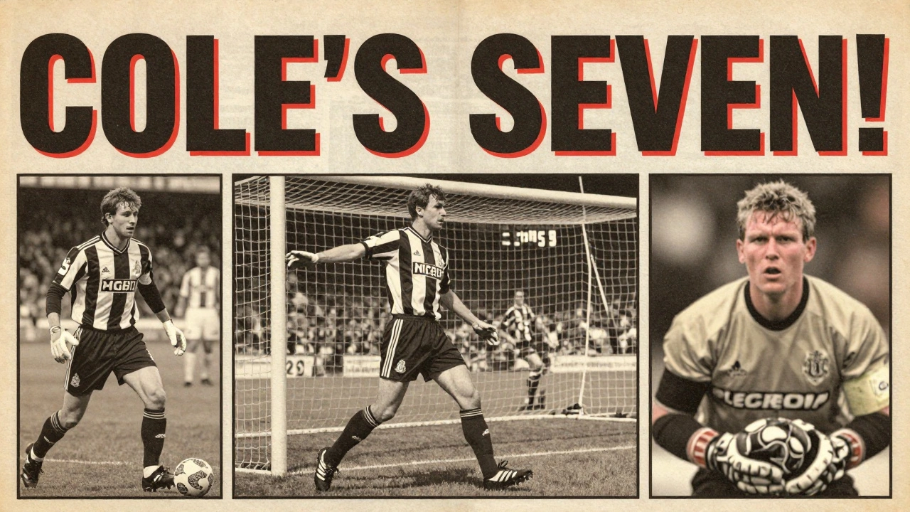 Винтажная спортивная газета 1999 года с заголовком 'КОЛУ СЕМЬ ГОЛОВ!' и изображением его победного удара.