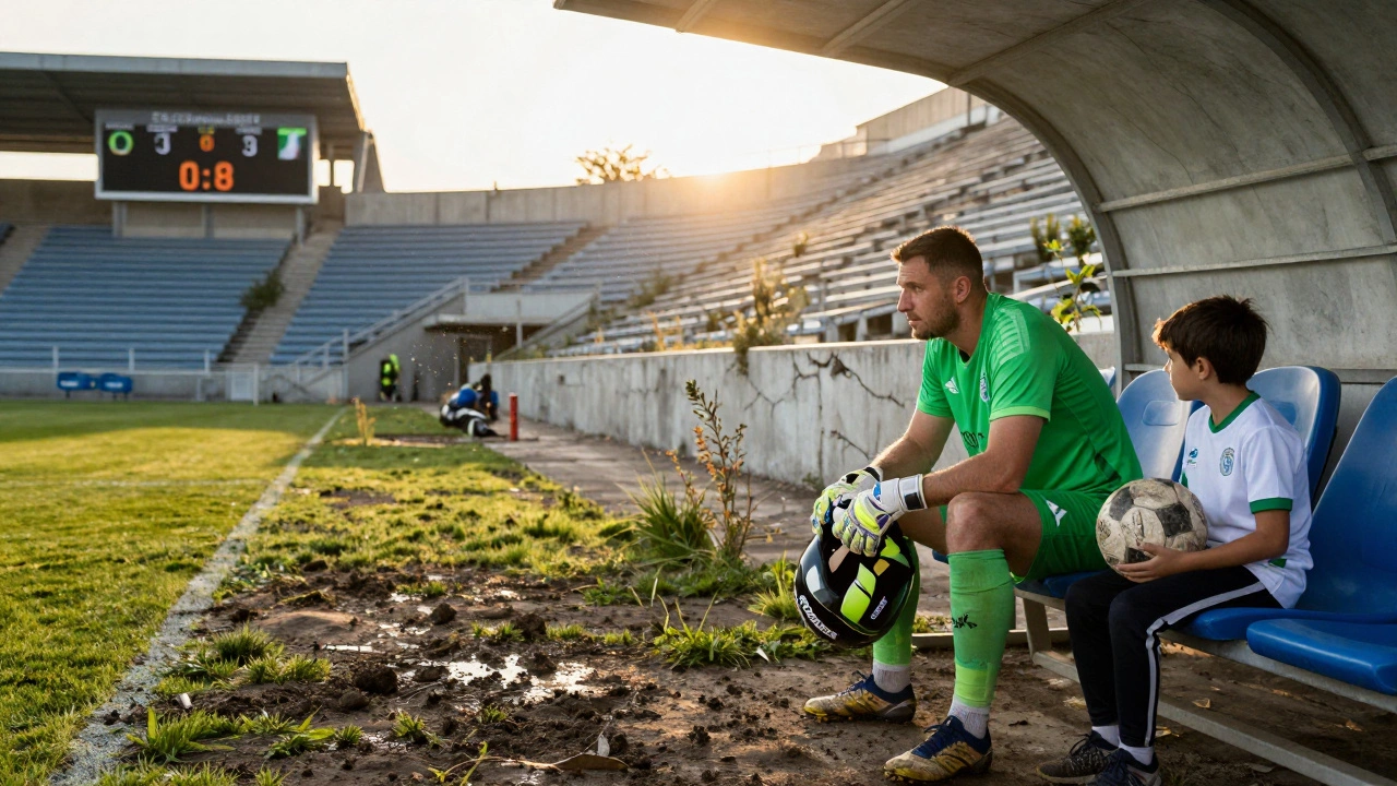 Вратарь Сан-Марино сидит на скамейке после поражения 0:8, одинокий и молчаливый, за ним — пустые трибуны.