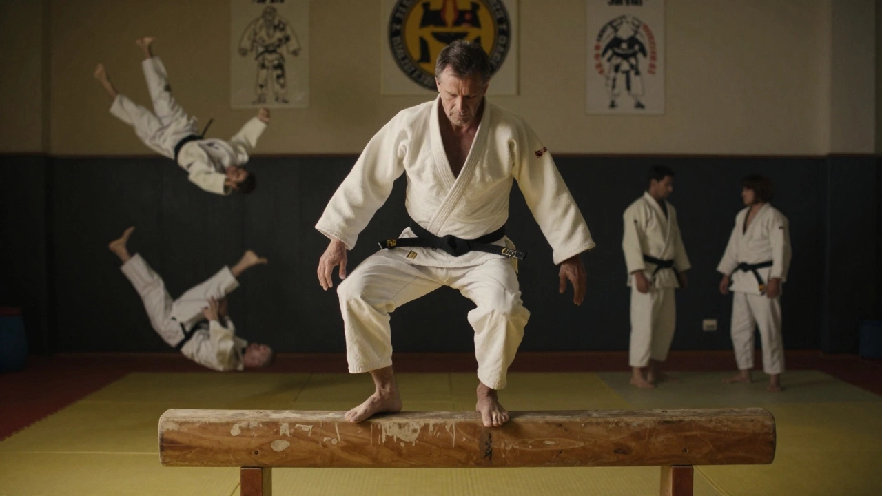 Взрослый практикующий дзюдо балансирует на бревне, вокруг — силуэты прошлых движений.