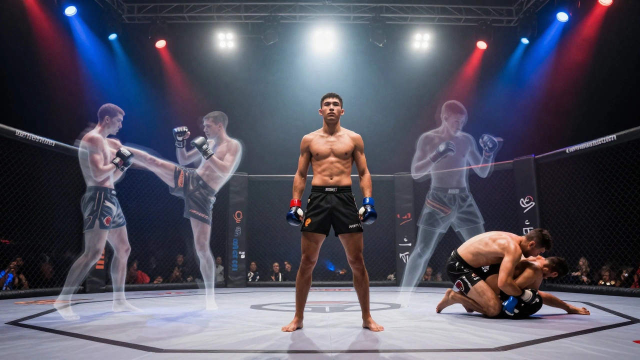 Боец ММА в центре ринга в окружении призрачных образов из разных дисциплин