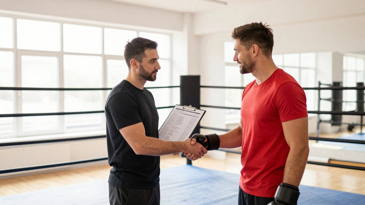 Боксер пожимает руку новому тренеру в светлом современном зале, начиная новый этап