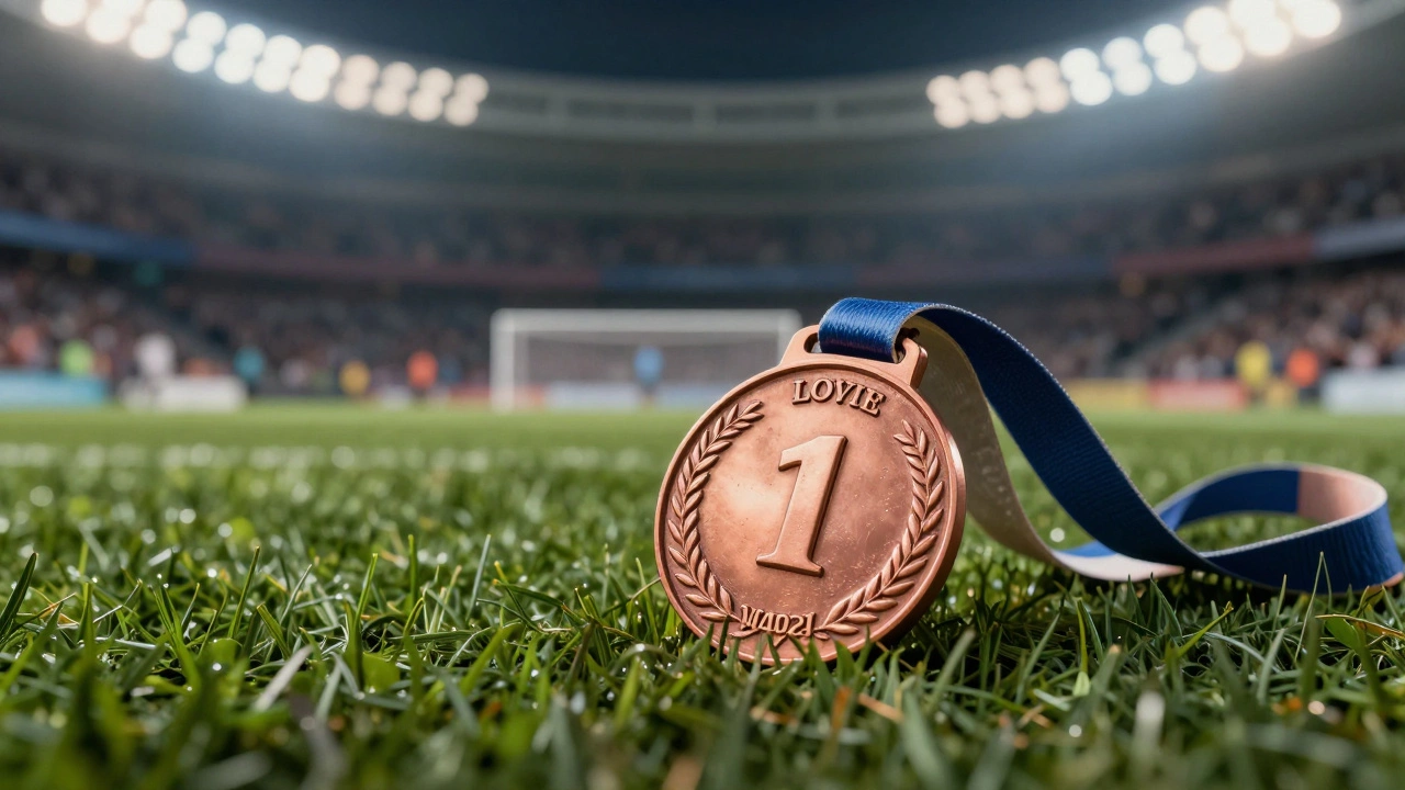 Бронзовая медаль на зеленом газоне футбольного поля под светом прожекторов