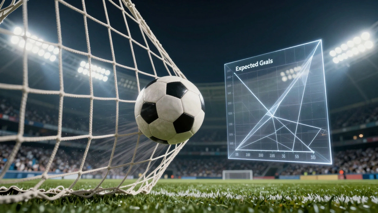 Футбольный мяч у ворот с абстрактными метрическими данными о вероятности гола.