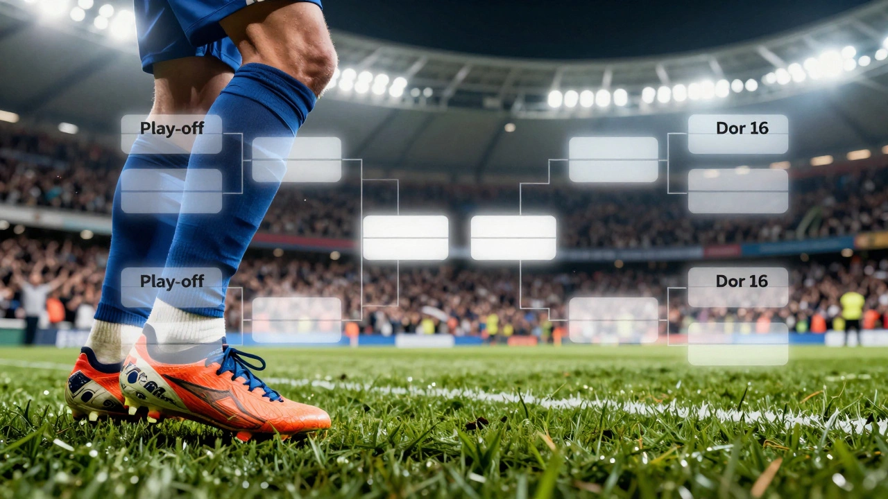 Футболист на поле на фоне стадиона и графической сетки плей-офф