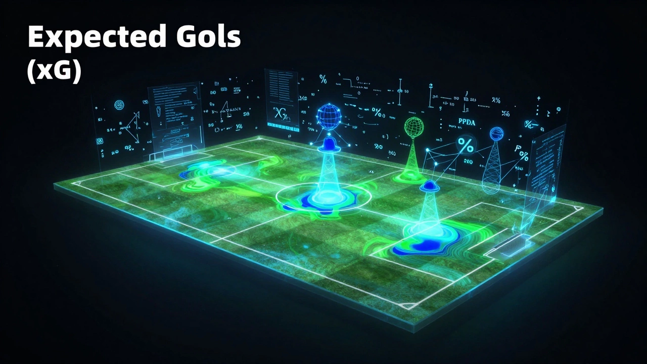 Футуристическая визуализация данных xG и тепловых карт на футбольном поле