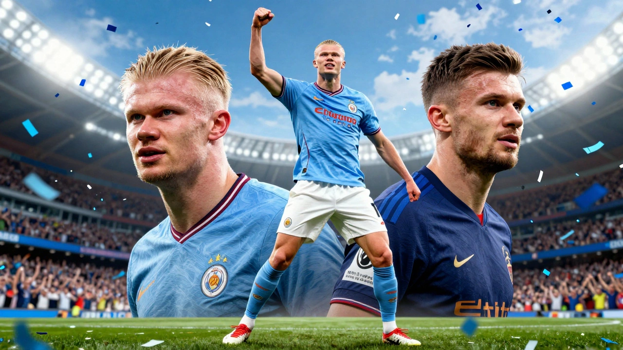 Коллаж с Холандом, Де Брюйне и Родри на фоне празднующей толпы