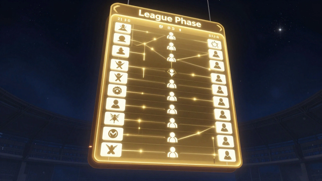 Концептуальная общая таблица из 36 команд Лиги чемпионов в виде светящегося списка