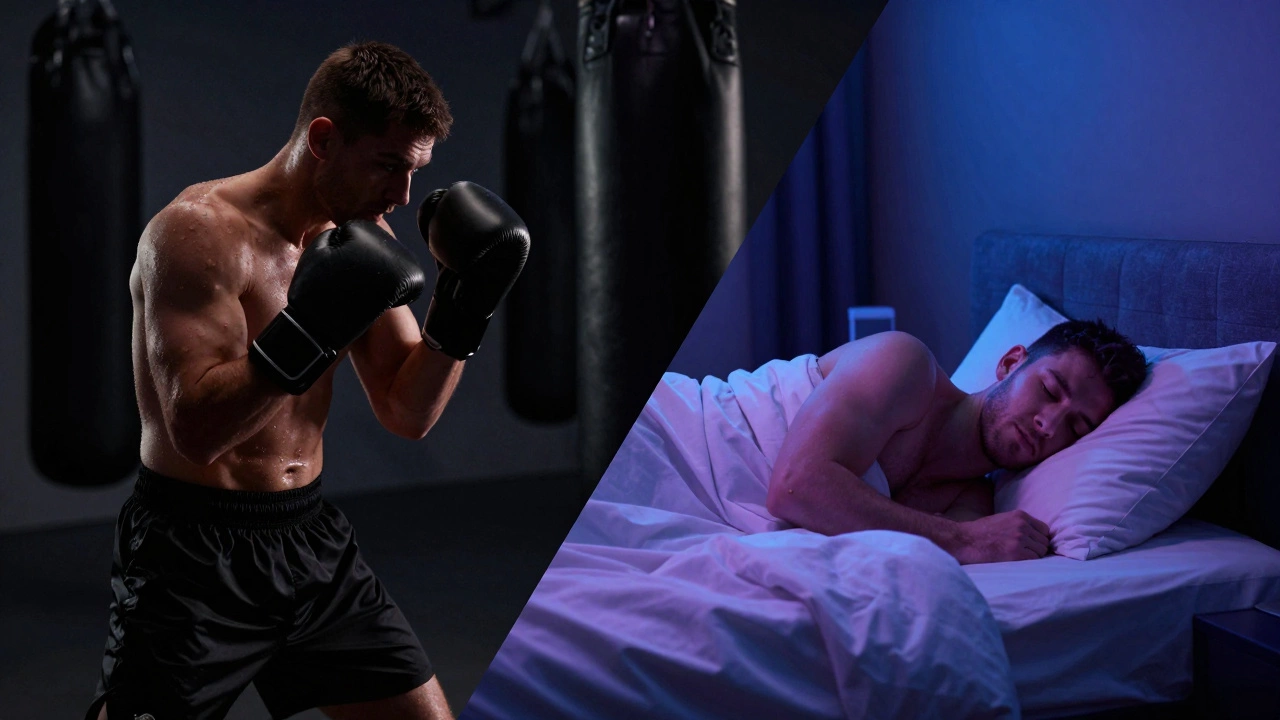 Концептуальное изображение баланса между тяжелой тренировкой и полноценным сном профессионального боксера