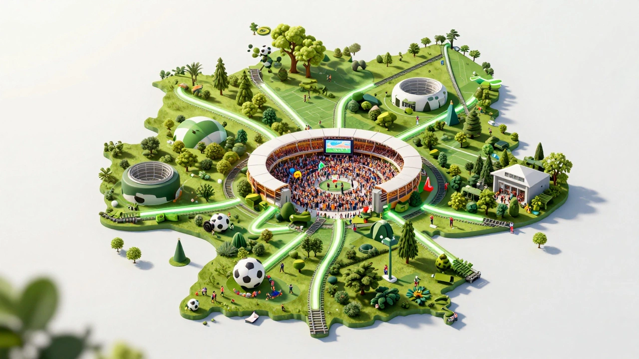Концептуальное изображение экологичного футбольного турнира с фан-зонами и поездами
