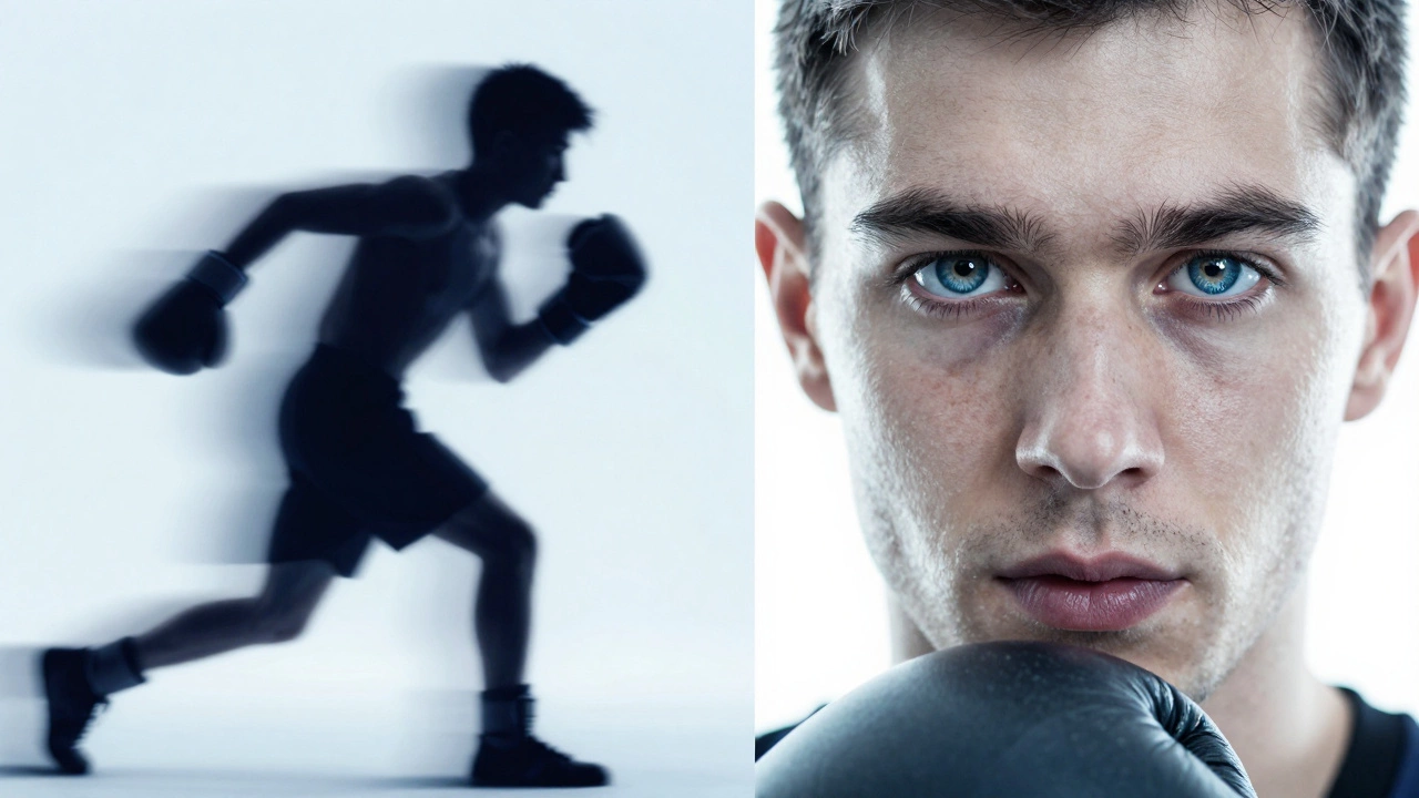 Концептуальное изображение: контраст между скоростью подростка и тактикой взрослого боксера