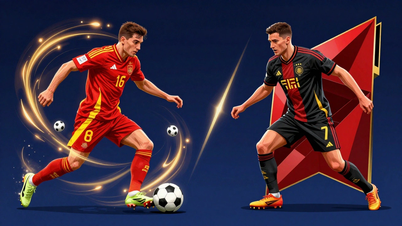Концептуальное изображение, сравнивающее плавный стиль игры Испании и дисциплинированную тактику Германии