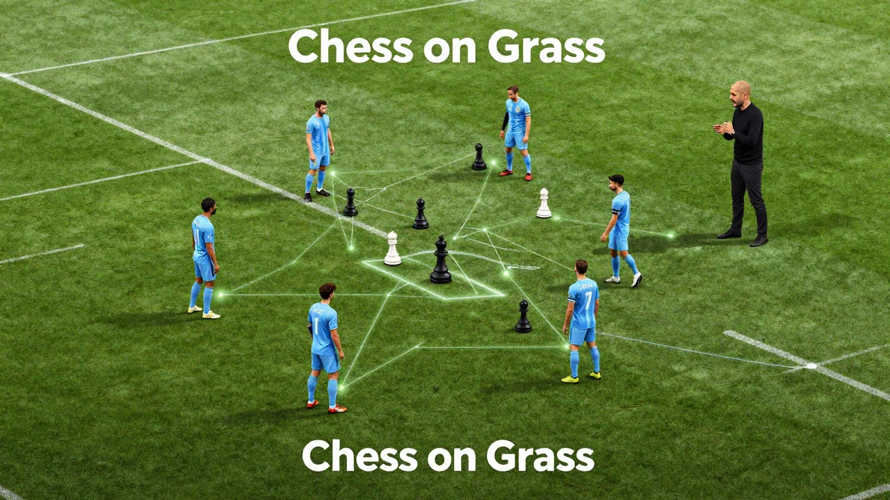 Концептуальное изображение тактики Манчестер Сити в виде шахматной партии на поле