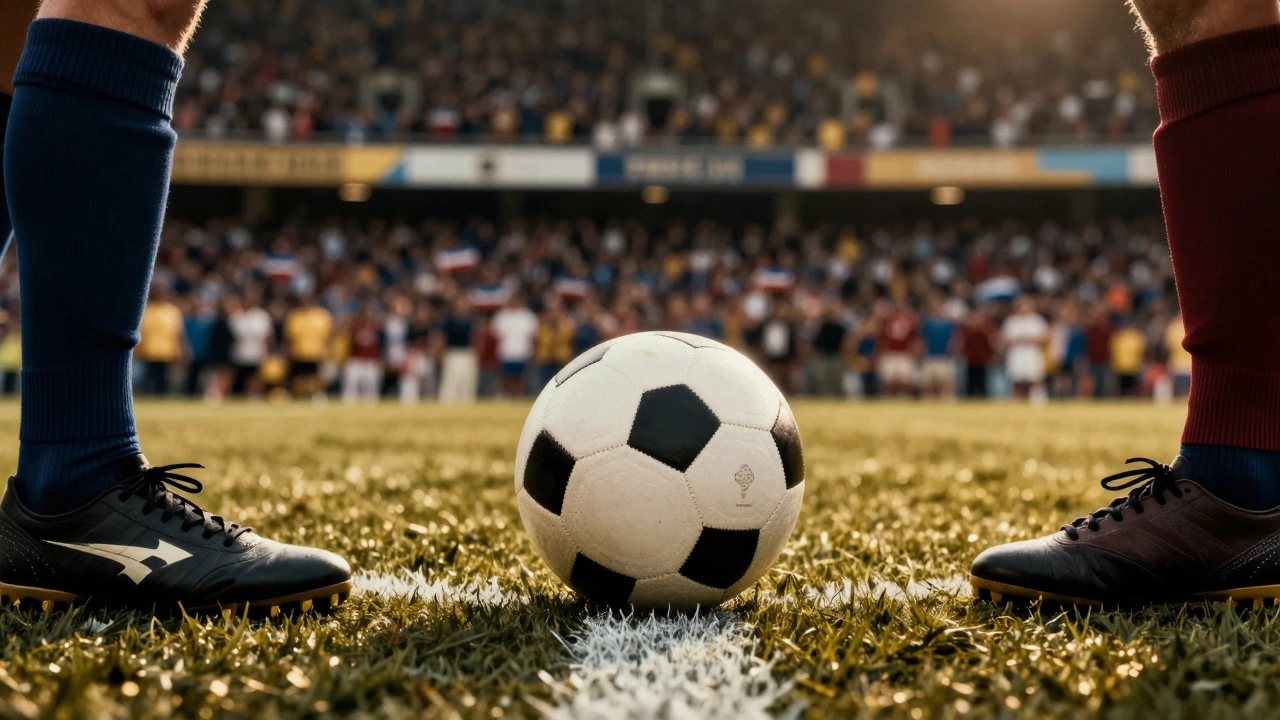 Крупный план мяча на линии поля перед решающим ударом в стыковом матче