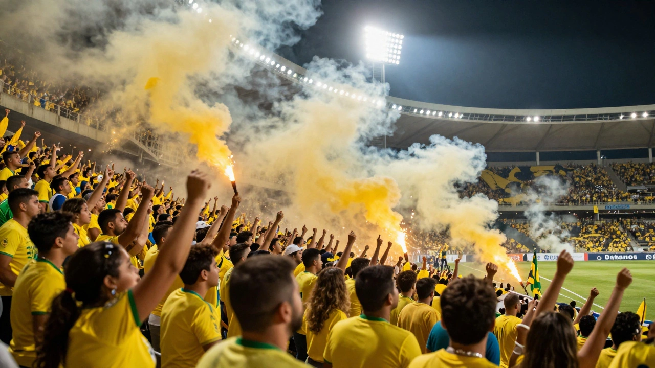 Ликующие болельщики сборной Бразилии в желтых цветах на ночном стадионе