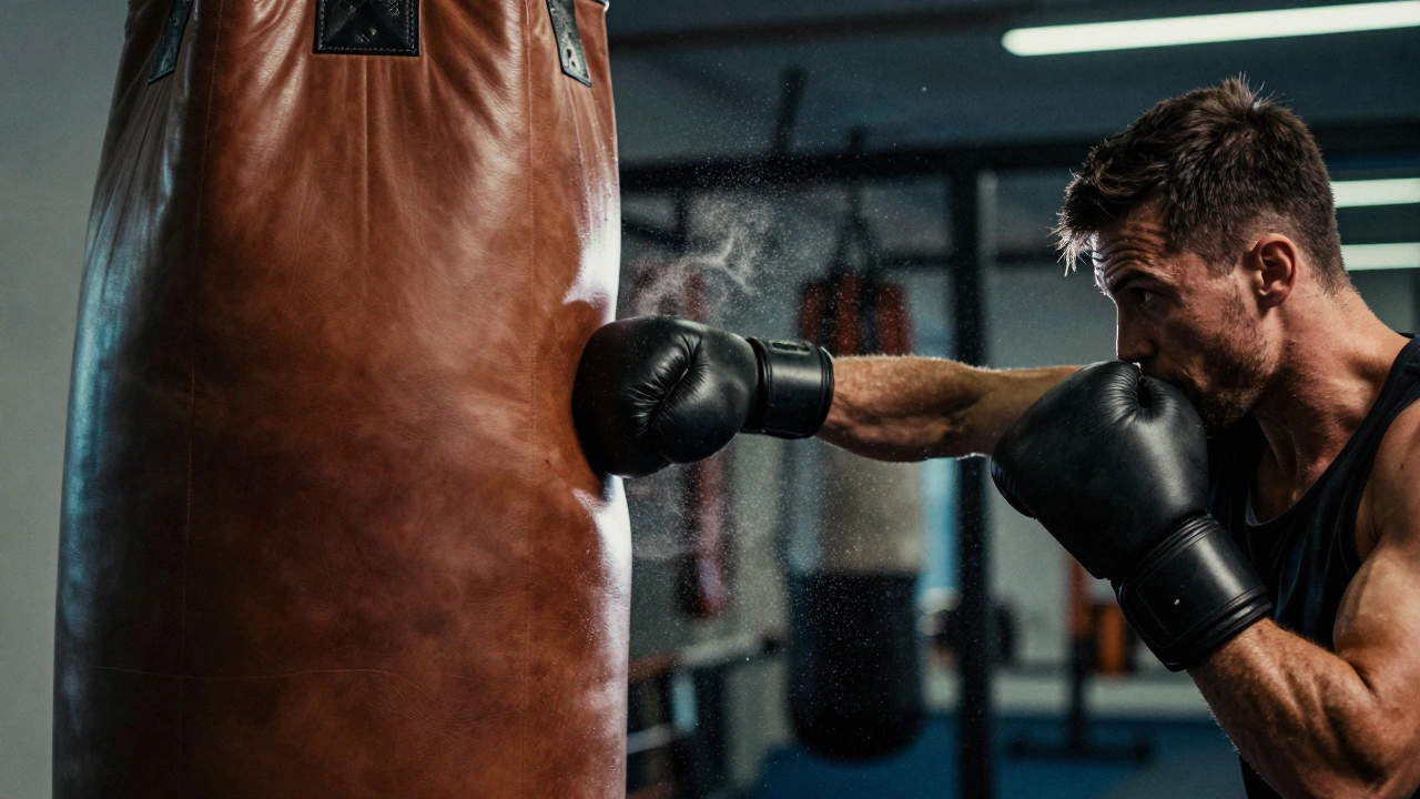 Мощный, точный удар боксера по тяжелому мешку с эффектом взрывной силы