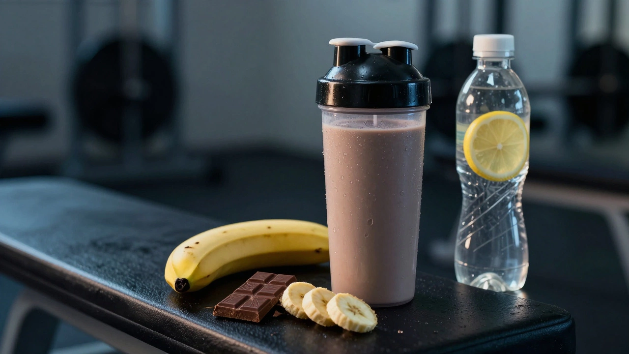 Набор продуктов для восстановления: протеиновый коктейль, банан и темный шоколад
