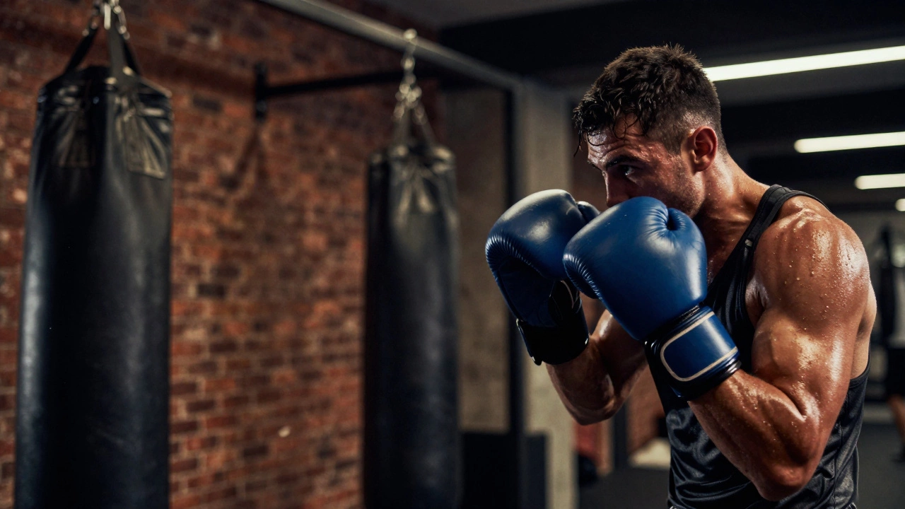 Опытный боксер-любитель в интенсивном спарринге в атмосферном спортзале