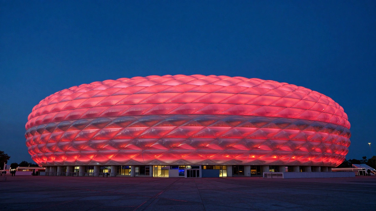 Подсвеченный современный стадион Альянц Арена в Мюнхене в сумерках
