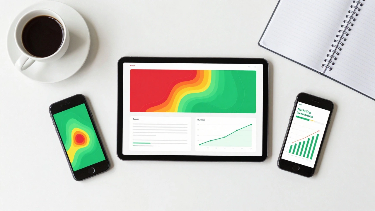 Рабочий стол маркетолога с планшетом, отображающим тепловые карты и графики