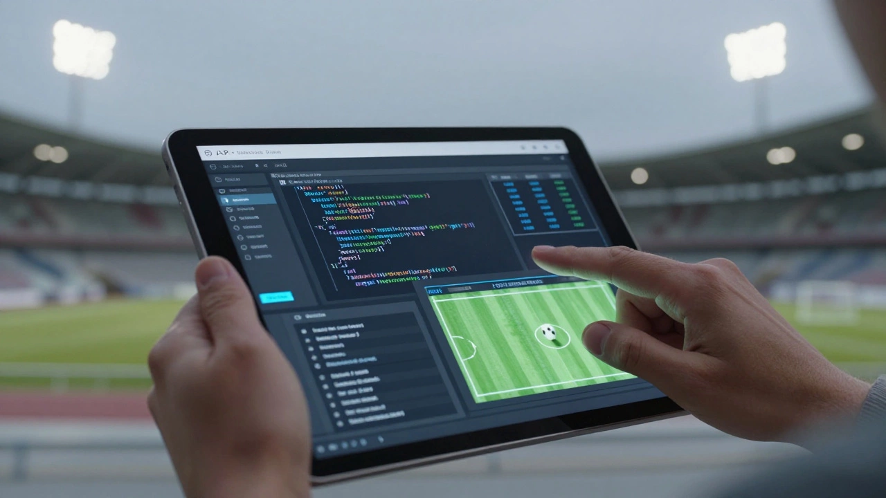 Руки аналитика с планшетом, отображающим API данные и алгоритмы прогнозирования