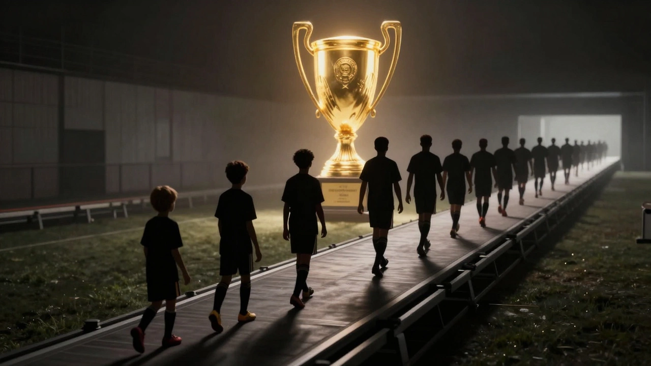 Силуэты молодых футболистов, идущих по пути развития к золотому кубку