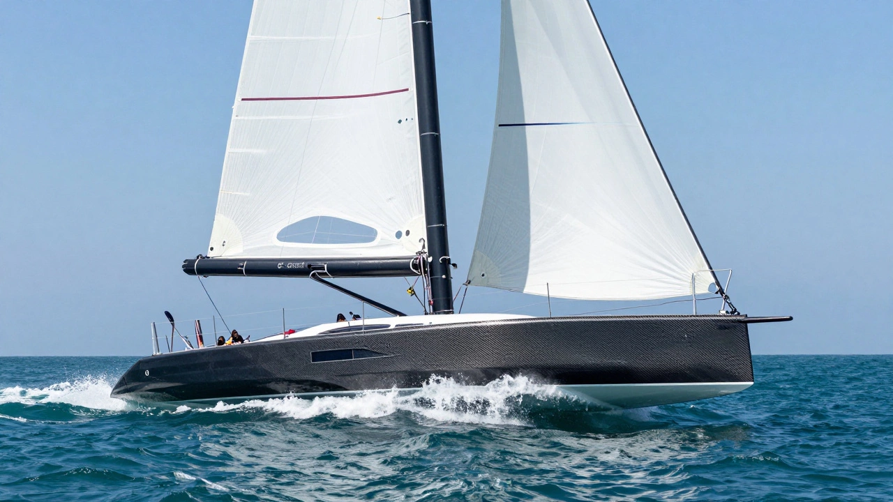 Современная гоночная яхта, стремительно идущая по бирюзовой морской воде