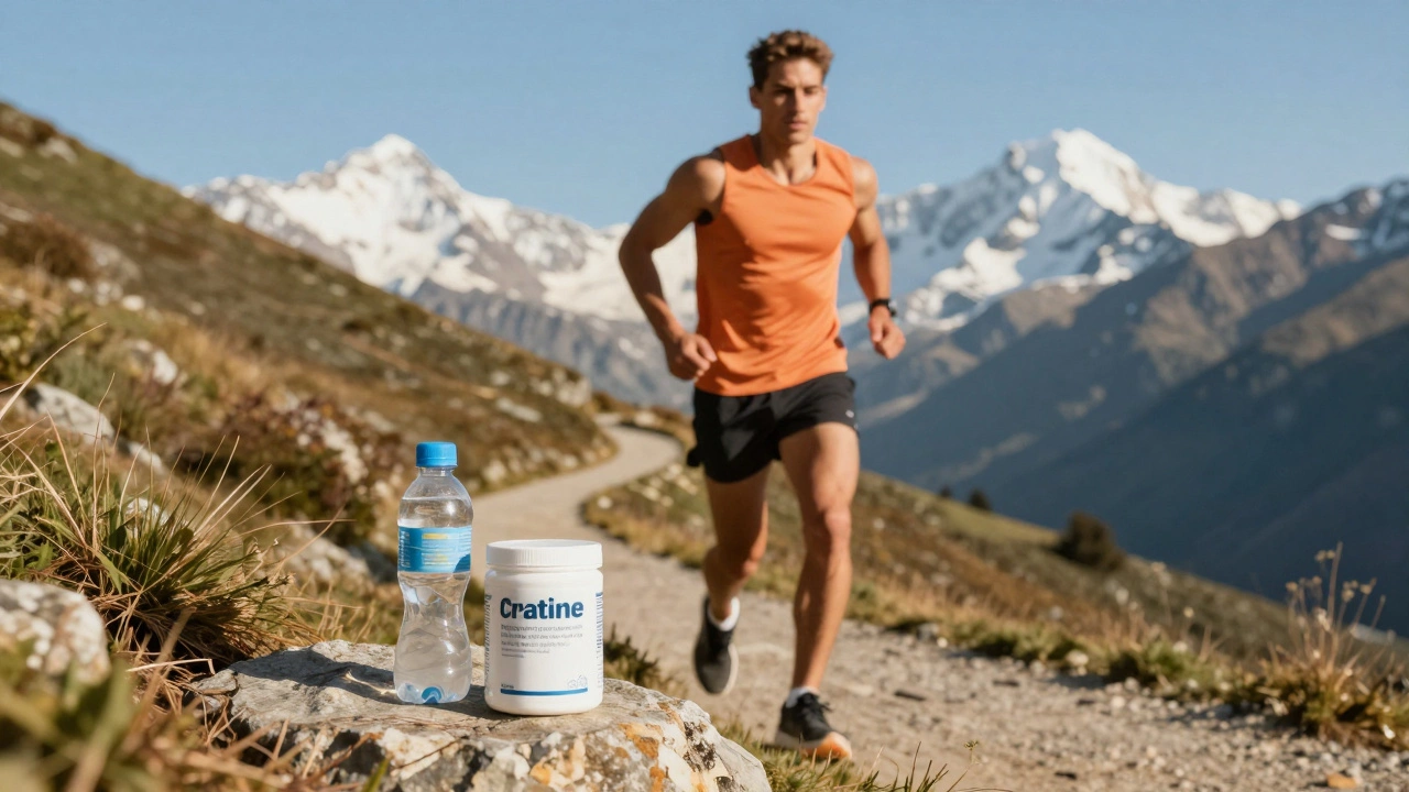 Спортсмен на тренировке в горах с легальными добавками на переднем плане