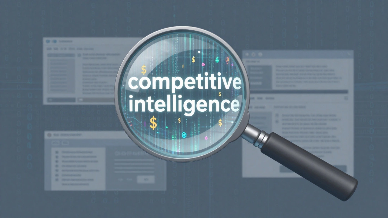 Стилизованная лупа, раскрывающая скрытые данные конкурентов на цифровом фоне