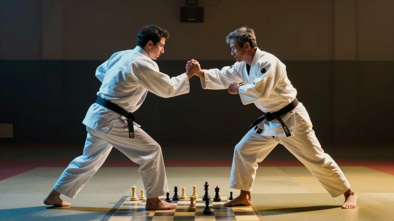 Стилизованное изображение двух дзюдоистов с элементами шахматной доски, символизирующее стратегию.