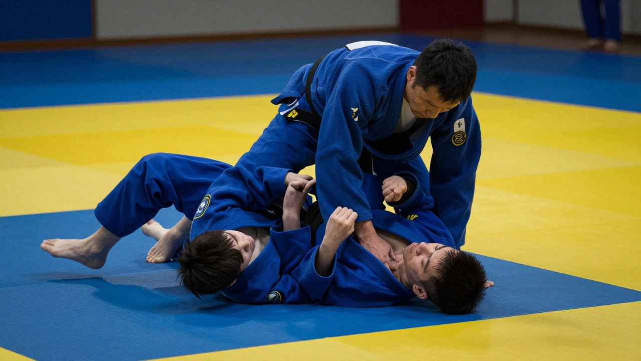 Тренер и взрослый ученик отрабатывают технику безопасного падения на татами.