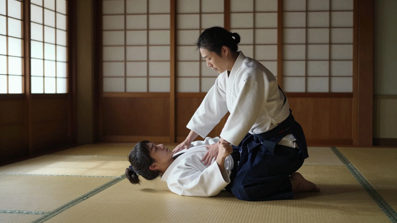 Тренировка по дзюдо в традиционном японском додзё с мягким светом