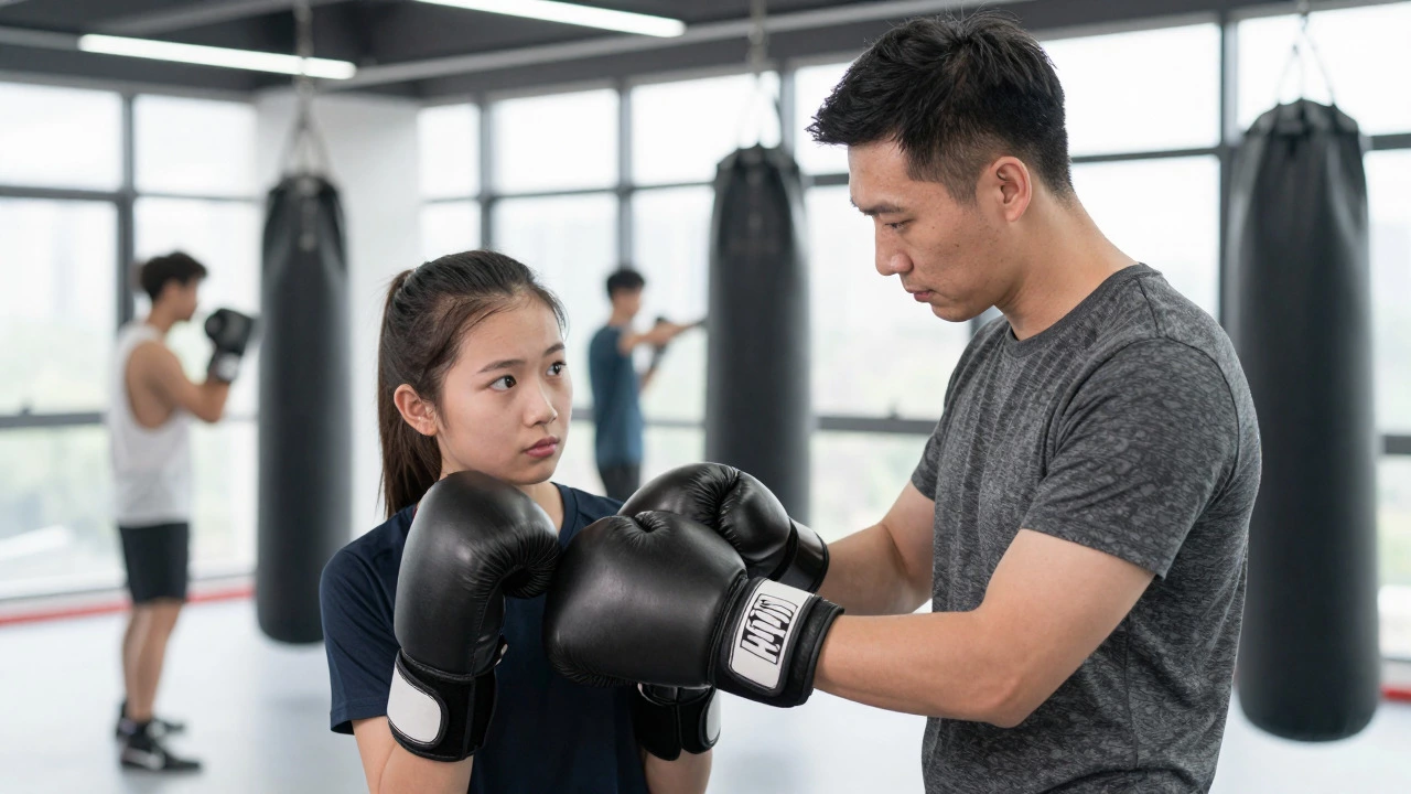 A coach attentively adjusting a novice boxer's gloves in a bright, professional gym