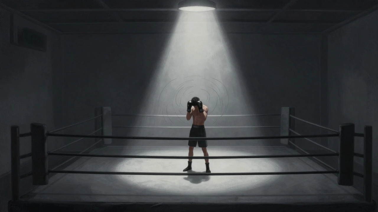 Conceptual art of a lonely boxer under a spotlight, representing mental stress and focus