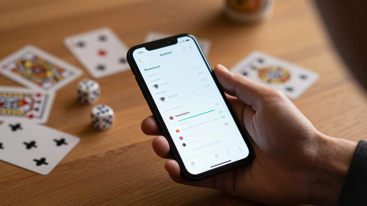 Смартфон со статистикой матча на фоне игральных карт